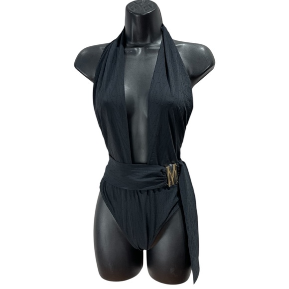 Moschino Other - NEW Moschino Swim Black Monogram Plunge V Halter One Piece Swimsuit Size XS/ 32
